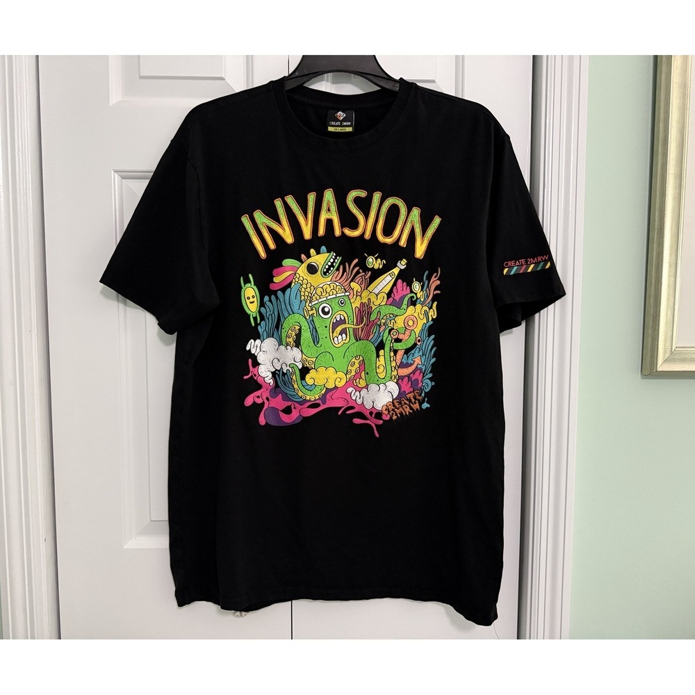 Create 2MRW Invasion Graphic Tee Sz 3XL Streetwear Art Alien Fish Black T-Shirt